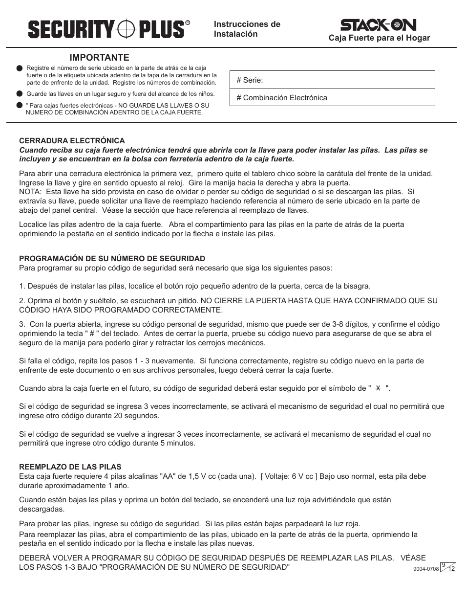 Importante | Stack-On PDS-500 9004-0708 User Manual | Page 9 / 12