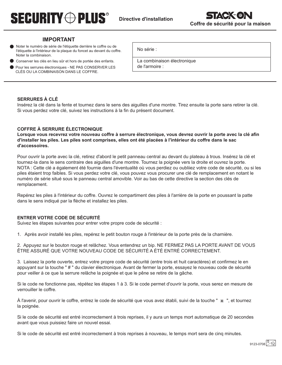 Important | Stack-On PS-512 9123-0708 User Manual | Page 5 / 12