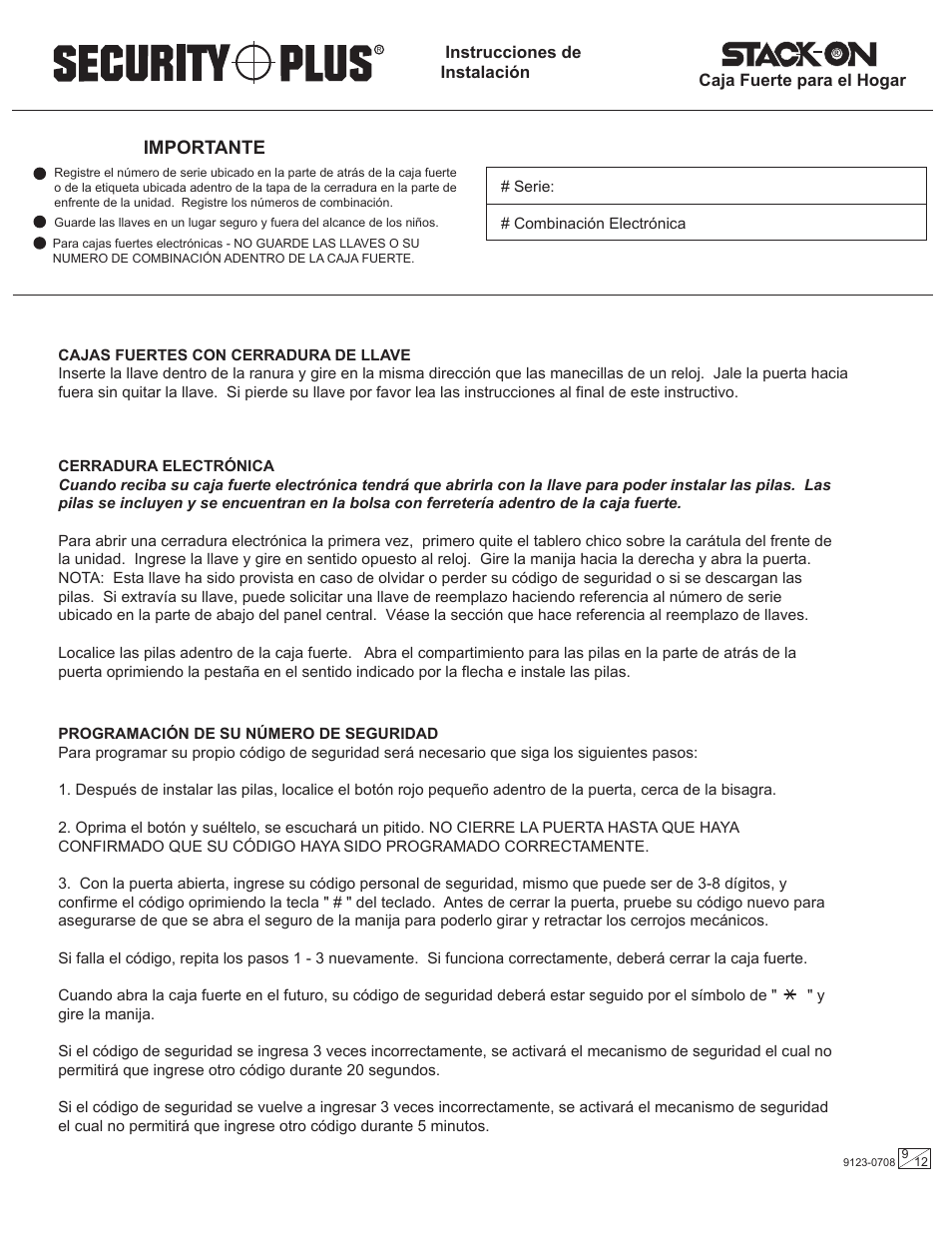 Importante | Stack-On PS-512 9123-0708 User Manual | Page 9 / 12