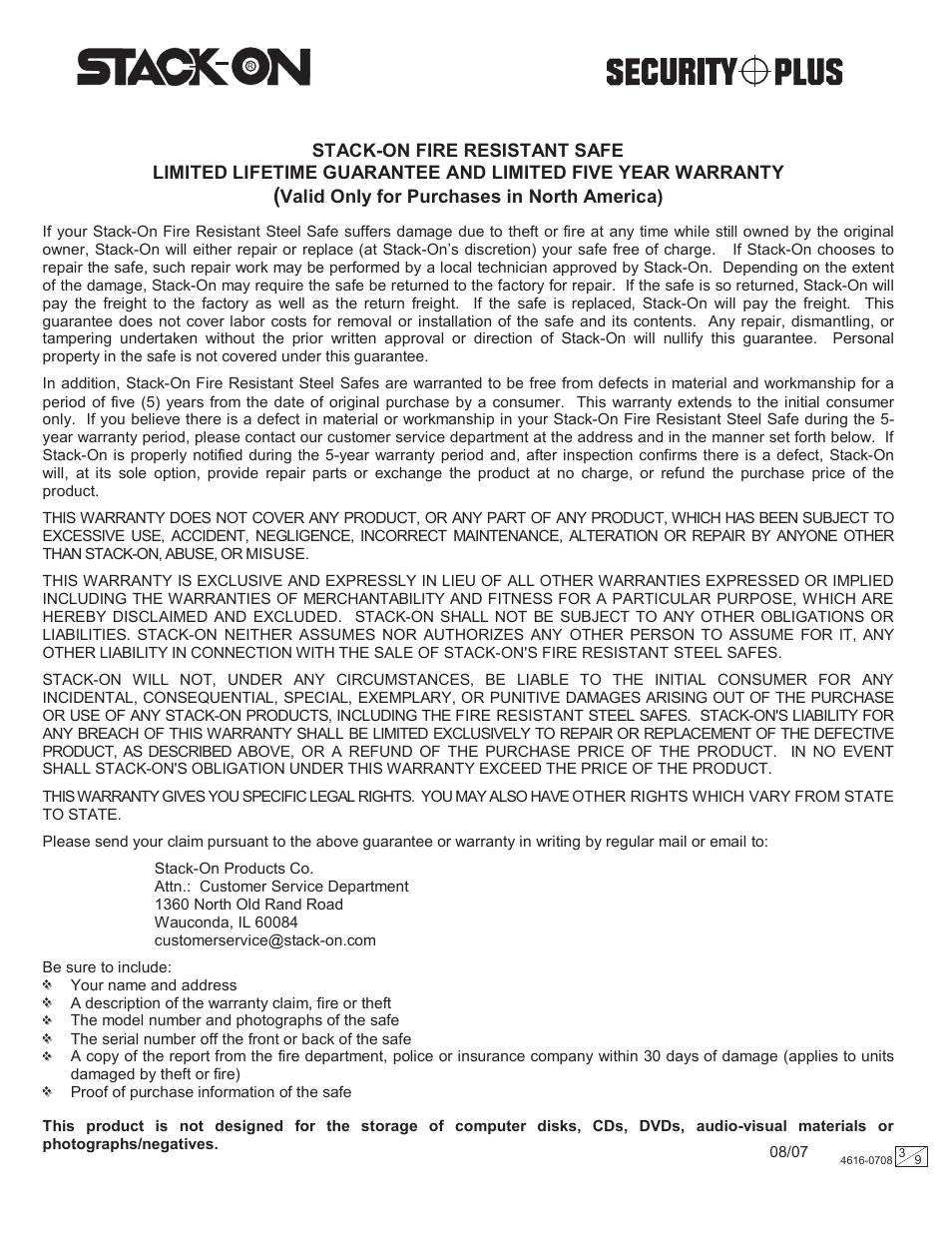 Valid only for purchases in north america) | Stack-On PSF-709 4616-0708 User Manual | Page 3 / 9