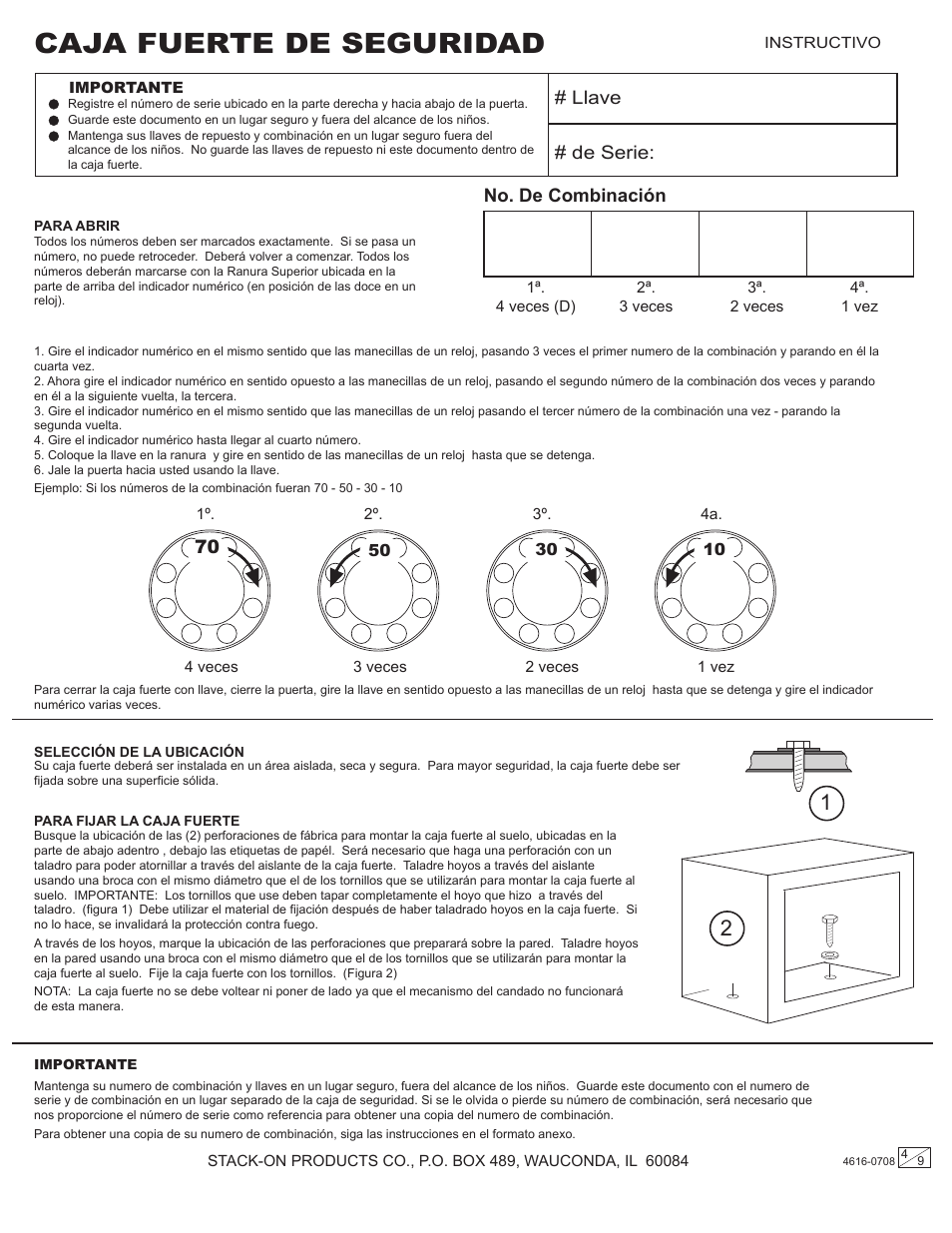 Caja fuerte de seguridad, Llave # de serie: no. de combinación | Stack-On PSF-709 4616-0708 User Manual | Page 4 / 9