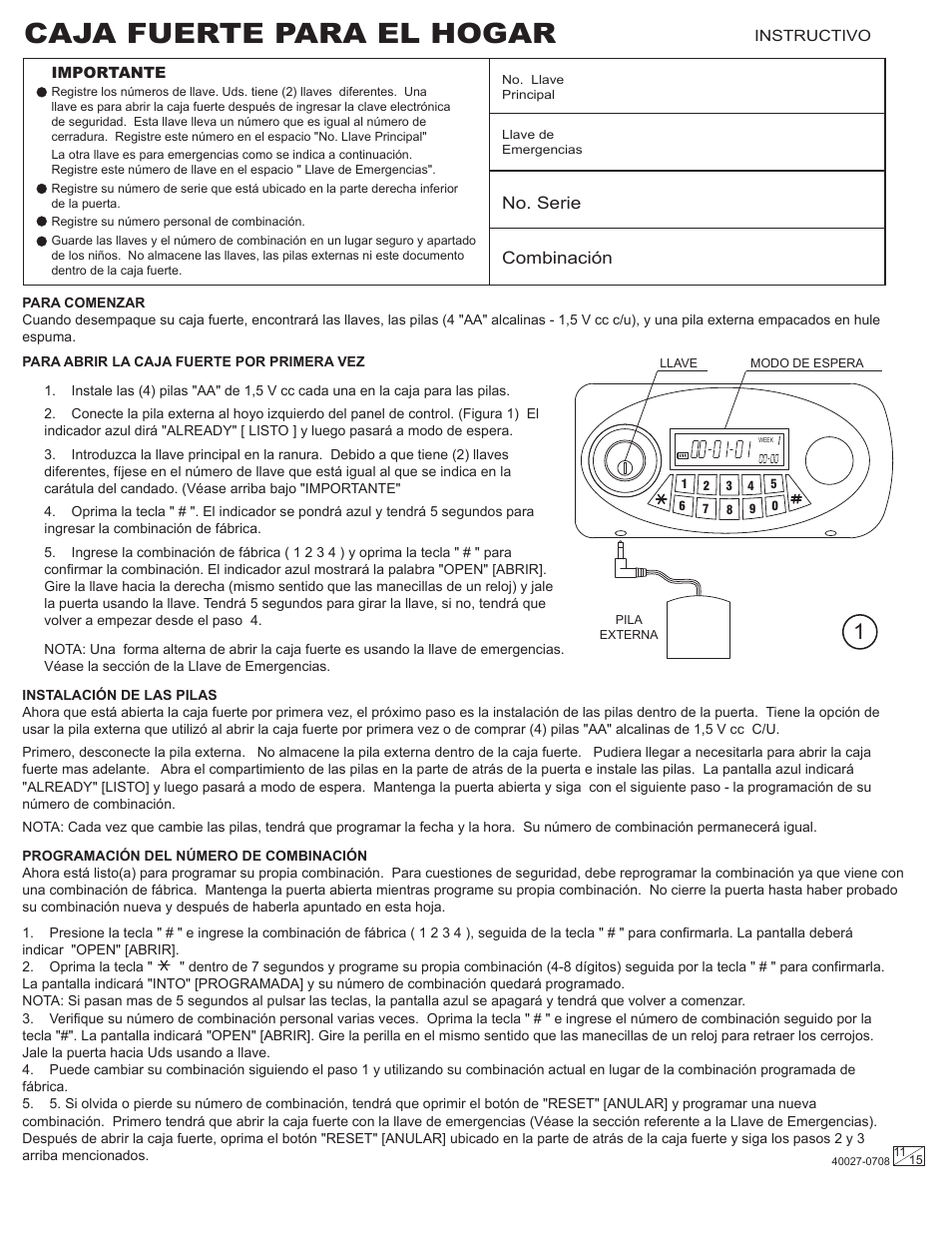 Caja fuerte para el hogar, No. serie combinación | Stack-On PSF-809 40027-0708 User Manual | Page 11 / 15