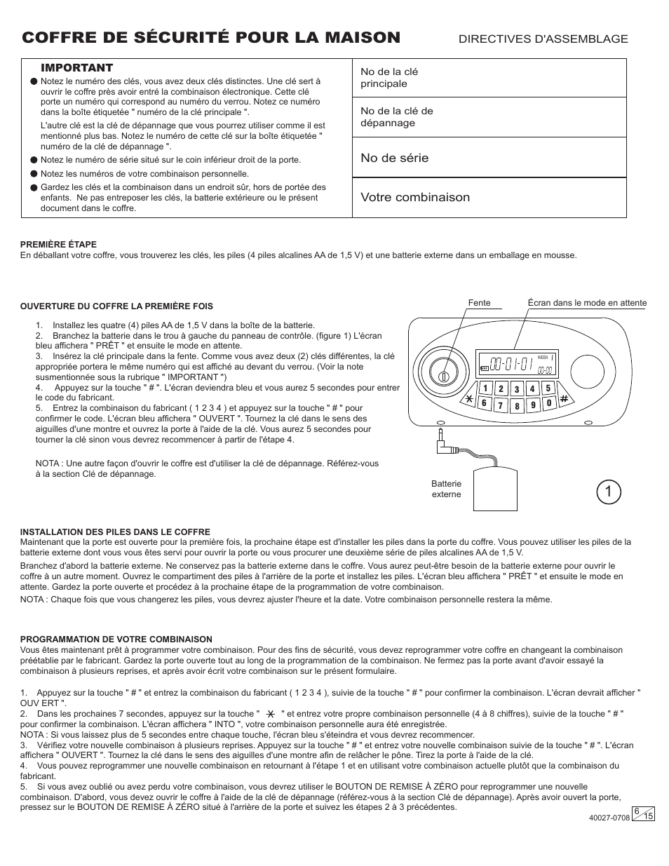 Coffre de sécurité pour la maison, No de série votre combinaison | Stack-On PSF-809 40027-0708 User Manual | Page 6 / 15