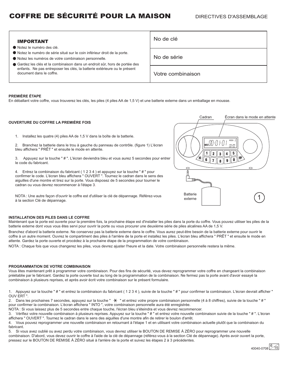 Coffre de sécurité pour la maison, No de clé no de série votre combinaison | Stack-On PSF-809-K 40040-0708 User Manual | Page 6 / 15