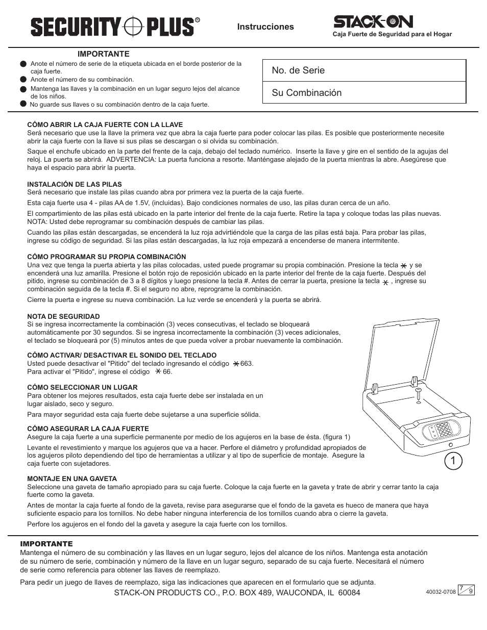 No. de serie su combinación, Instrucciones | Stack-On QAS-710 40032-0708 User Manual | Page 7 / 9