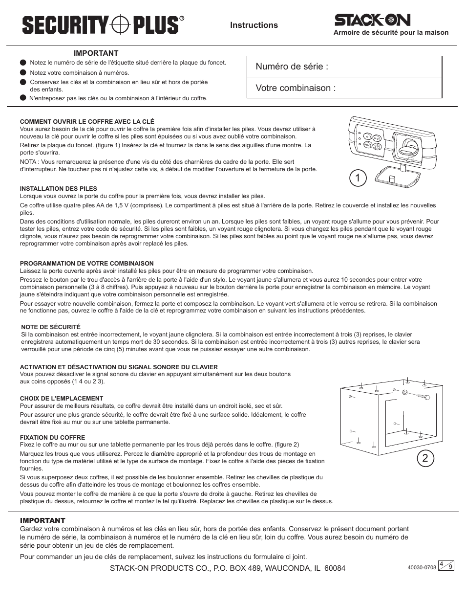 Numéro de série : votre combinaison, Instructions | Stack-On QAS-1310 40030-0708 User Manual | Page 4 / 9