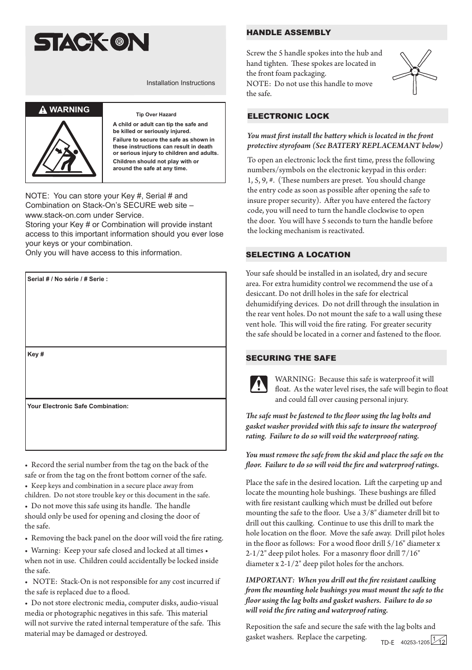 Stack-On Total Defense Electronic Lock User Manual | 12 pages