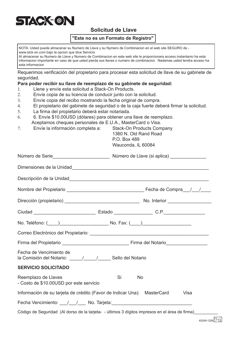 Solicitud de llave | Stack-On FS Series Electronic Lock User Manual | Page 11 / 12