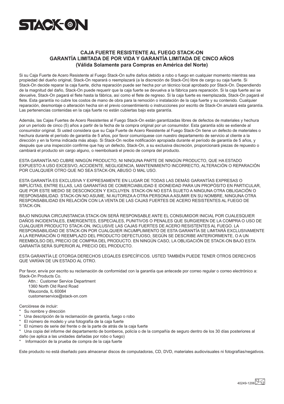 Stack-On FS Series Electronic Lock User Manual | Page 12 / 12
