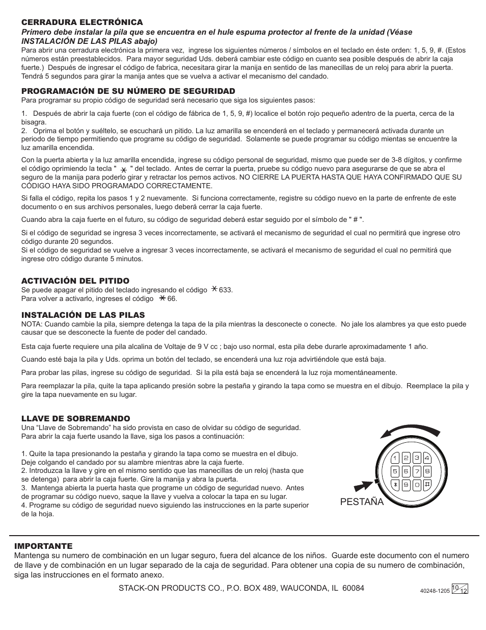 Pestaña | Stack-On Security Safes Electronic Lock User Manual | Page 10 / 12
