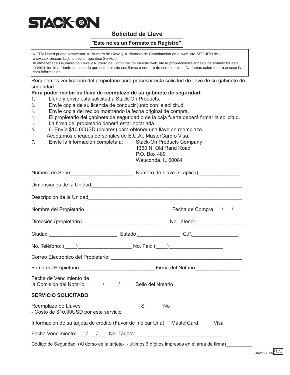 Solicitud de llave | Stack-On Security Safes Electronic Lock User Manual | Page 11 / 12