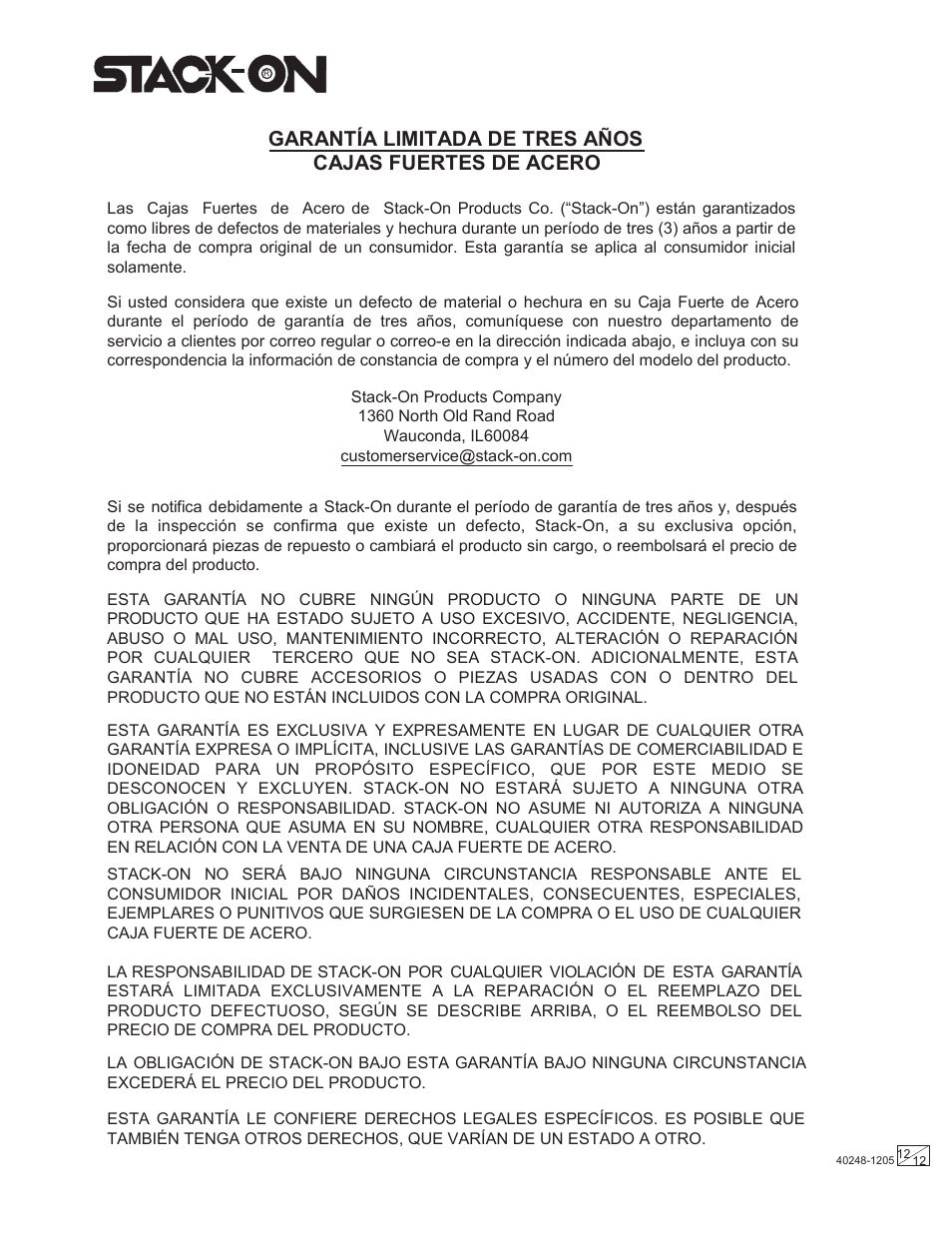 Stack-On Security Safes Electronic Lock User Manual | Page 12 / 12