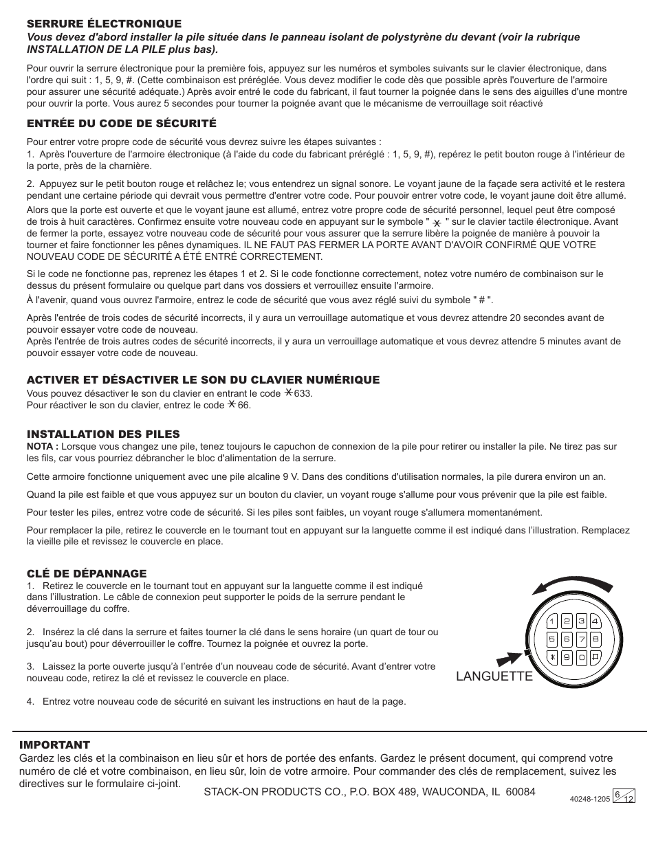 Languette | Stack-On Security Safes Electronic Lock User Manual | Page 6 / 12