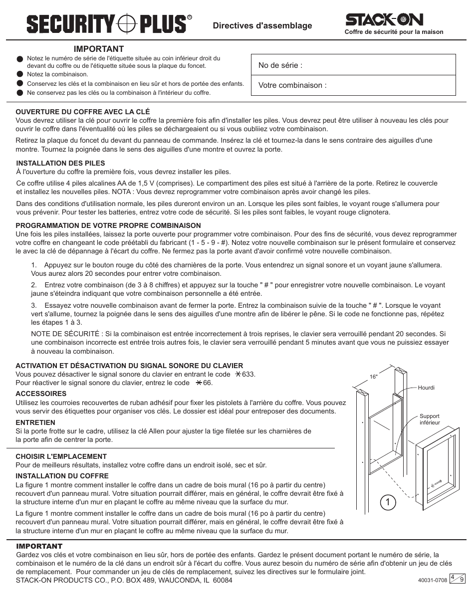 Important, Directives d'assemblage | Stack-On PWS-1522 User Manual | Page 4 / 9