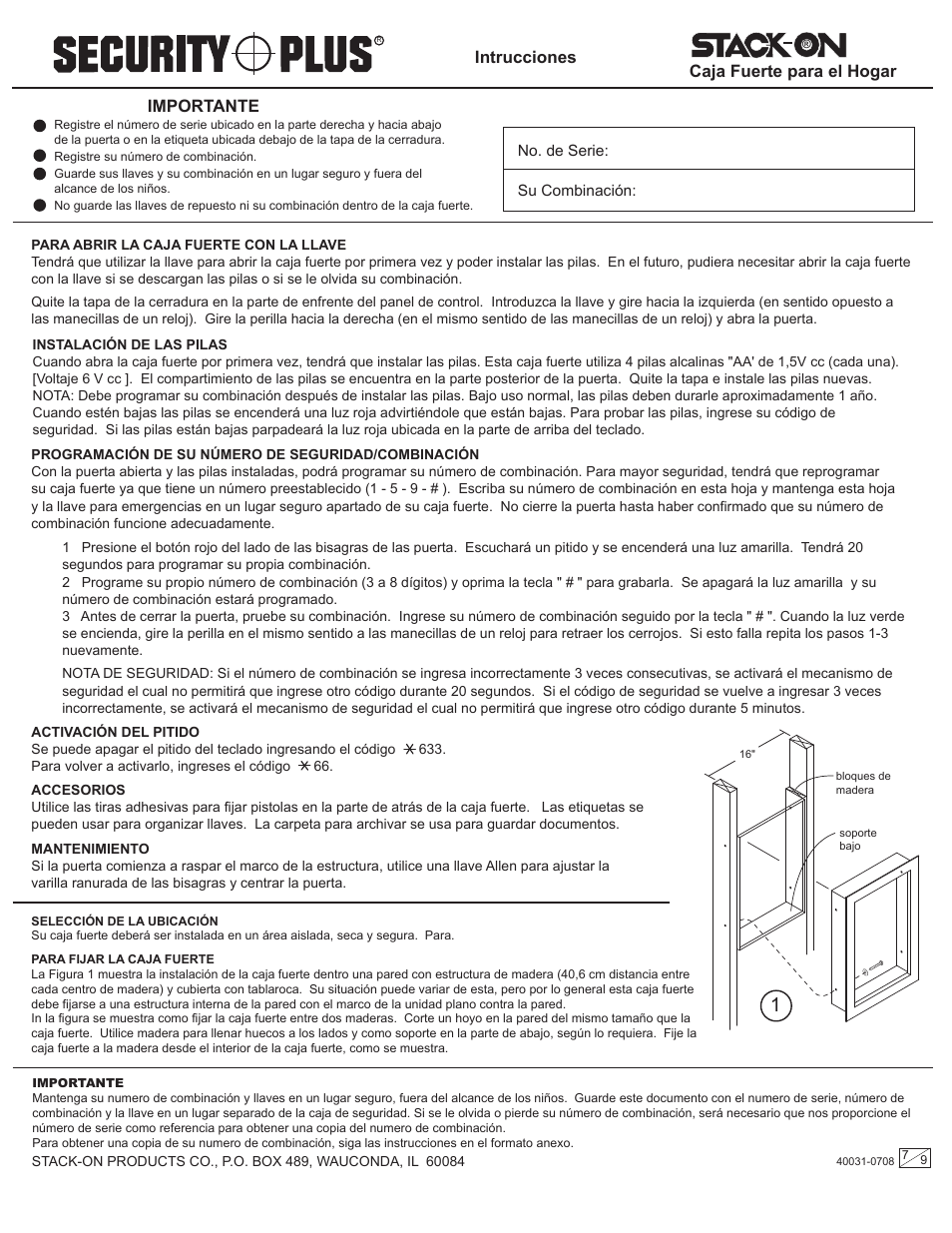 Importante, Caja fuerte para el hogar intrucciones | Stack-On PWS-1522 User Manual | Page 7 / 9