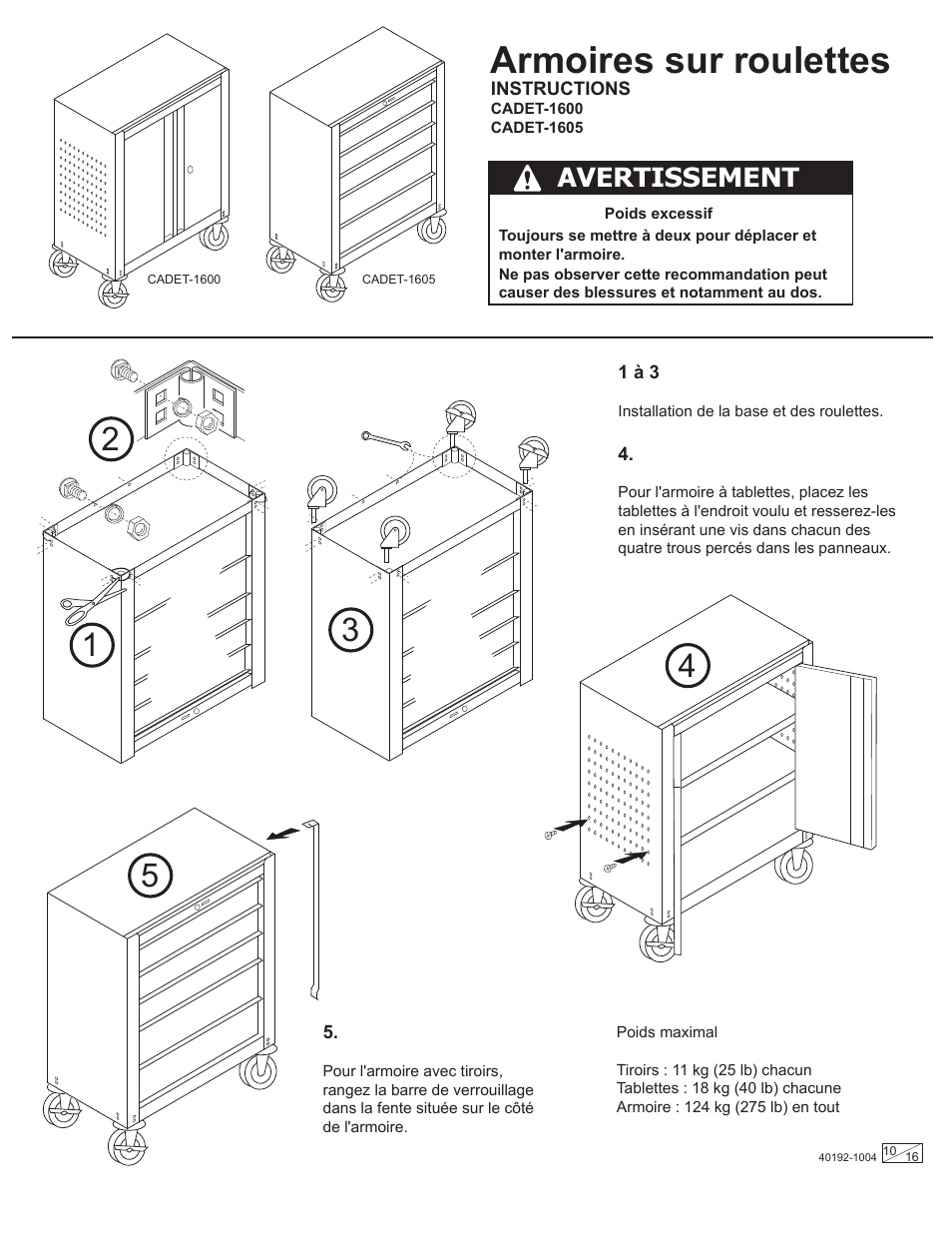 Armoires sur roulettes, Avertissement | Stack-On Gladiator CADE User Manual | Page 10 / 16