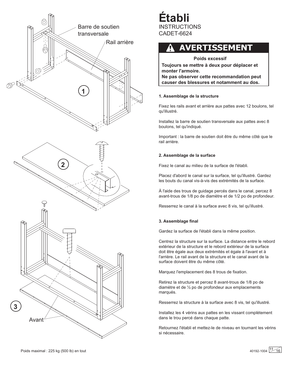Établi, Avertissement | Stack-On Gladiator CADE User Manual | Page 11 / 16