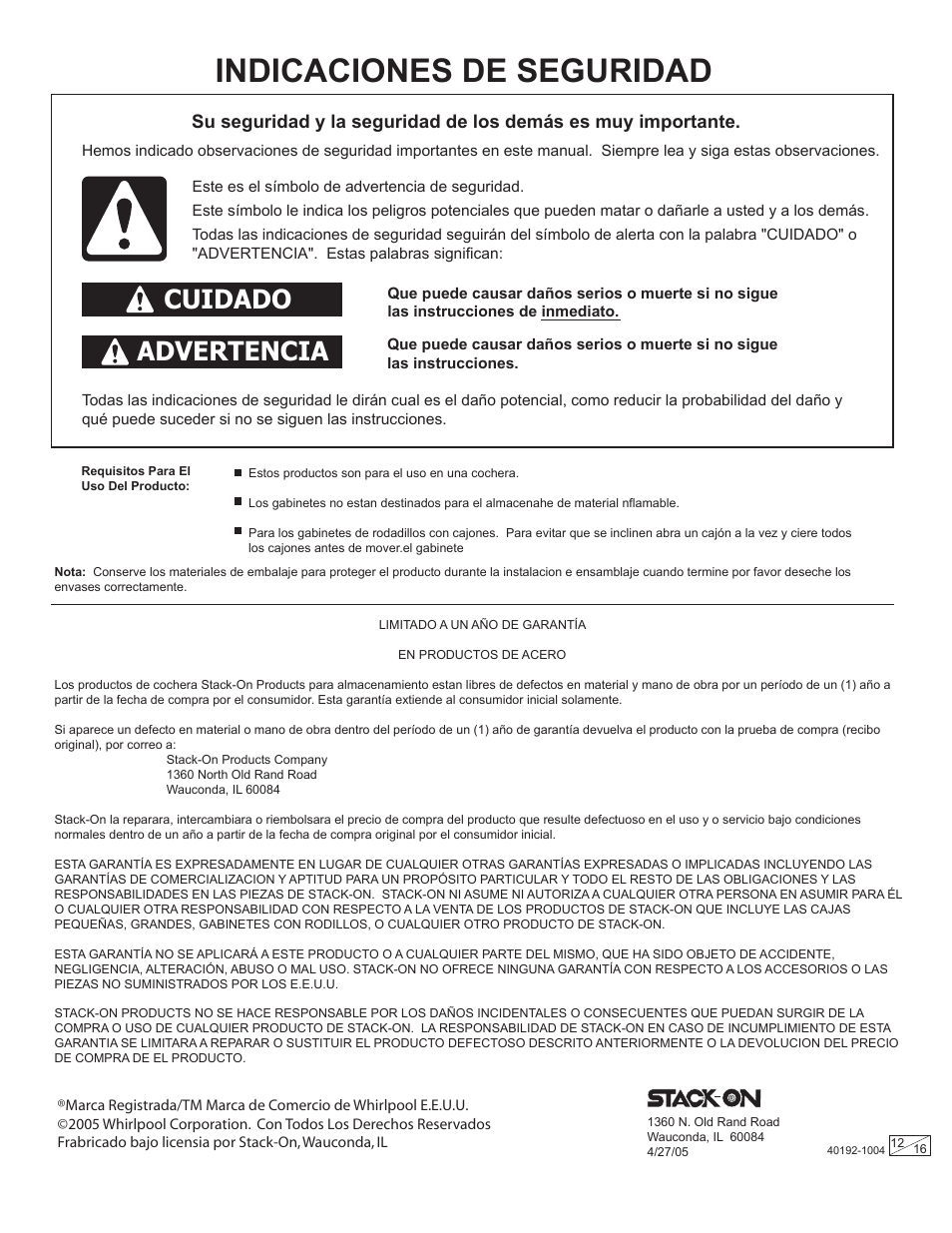 Indicaciones de seguridad, Cuidado advertencia | Stack-On Gladiator CADE User Manual | Page 12 / 16