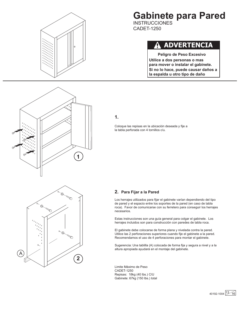 Gabinete para pared, Advertencia | Stack-On Gladiator CADE User Manual | Page 13 / 16