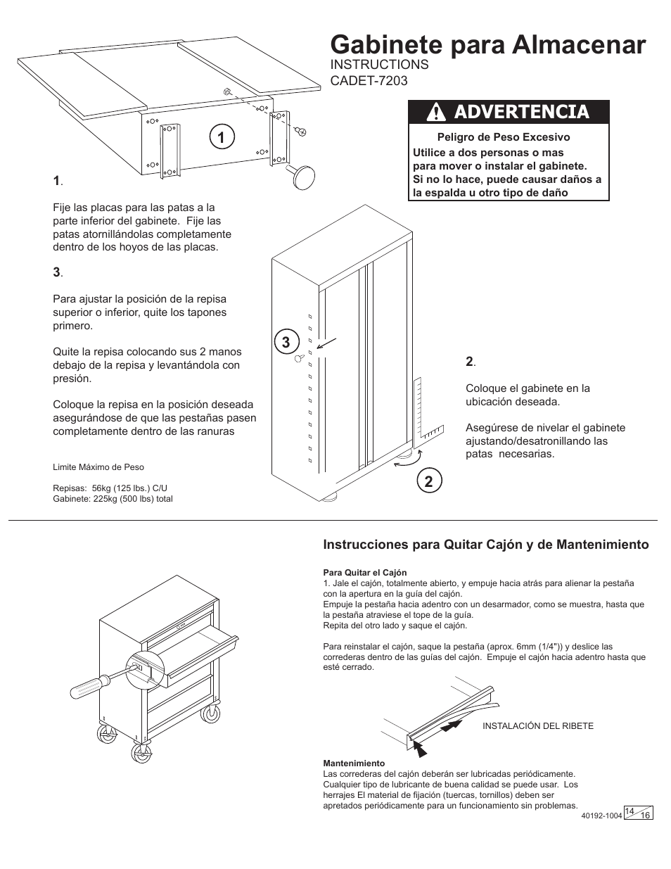 Gabinete para almacenar, Advertencia | Stack-On Gladiator CADE User Manual | Page 14 / 16