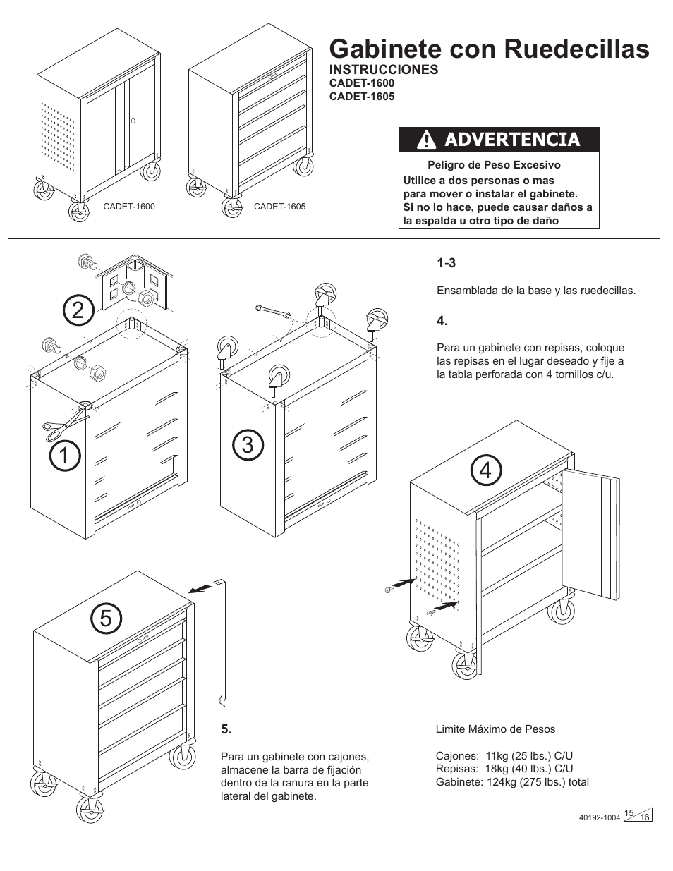 Gabinete con ruedecillas, Advertencia | Stack-On Gladiator CADE User Manual | Page 15 / 16