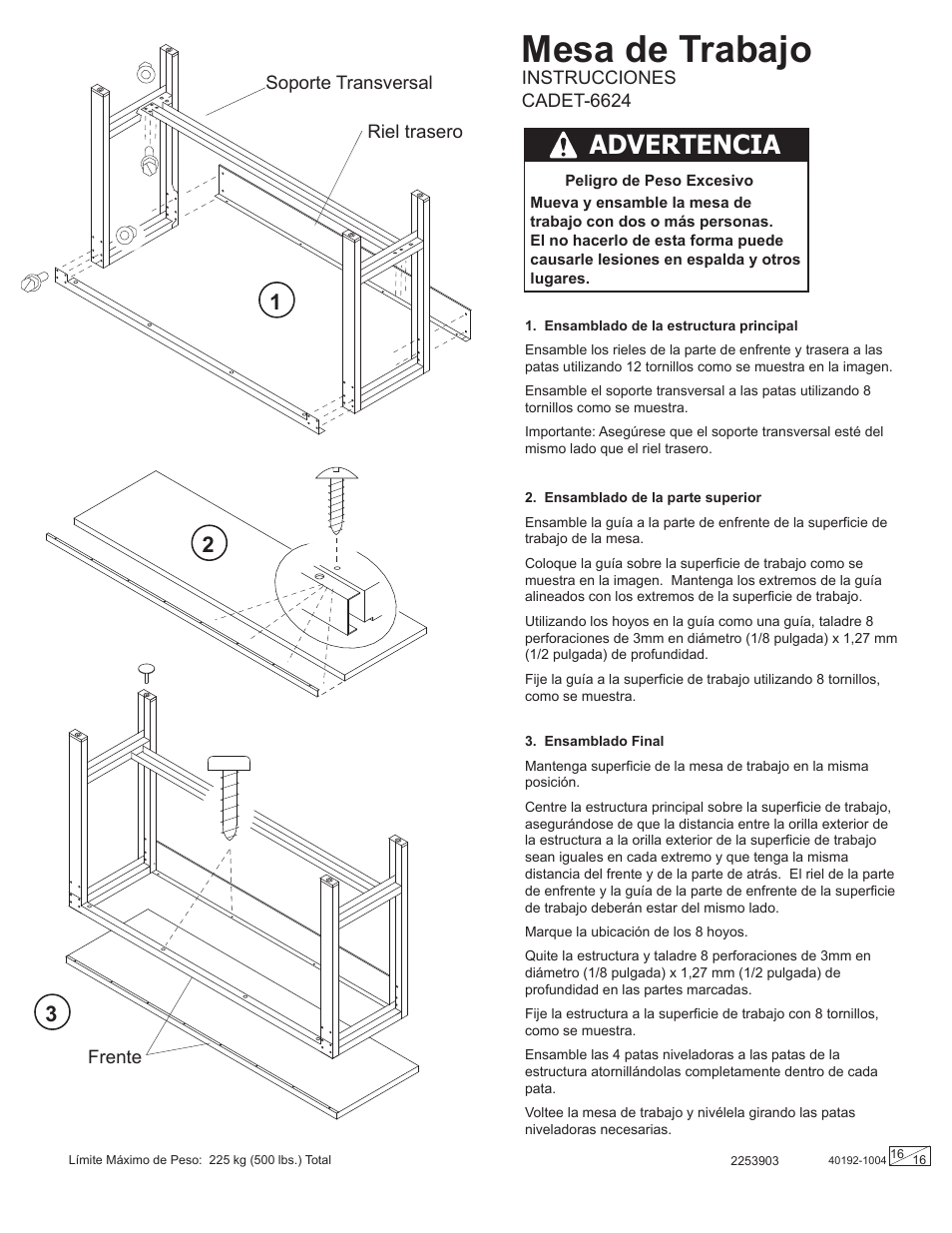 Mesa de trabajo, Advertencia | Stack-On Gladiator CADE User Manual | Page 16 / 16