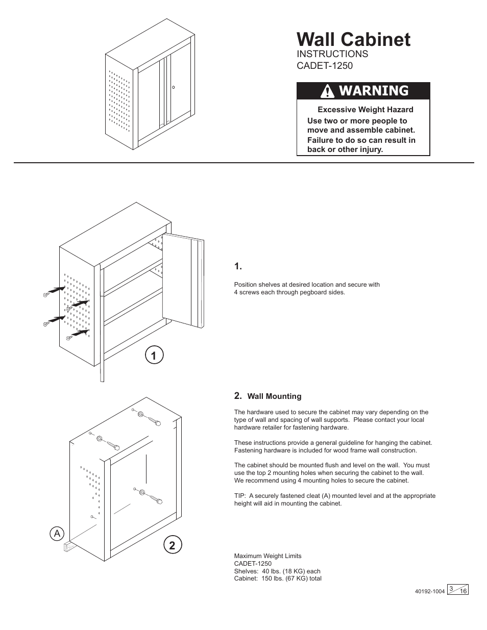 Wall cabinet, Warning | Stack-On Gladiator CADE User Manual | Page 3 / 16