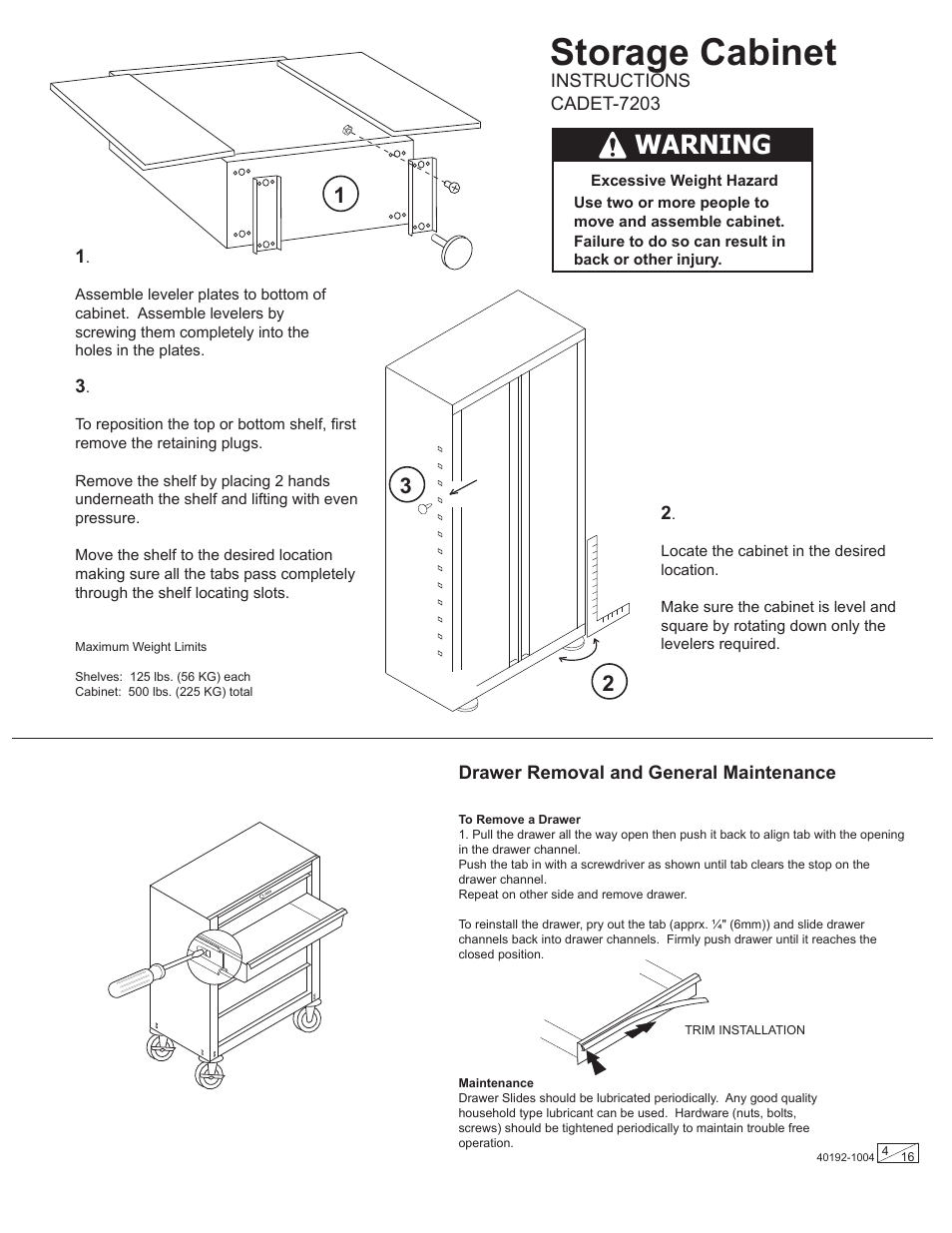 Storage cabinet, Warning | Stack-On Gladiator CADE User Manual | Page 4 / 16