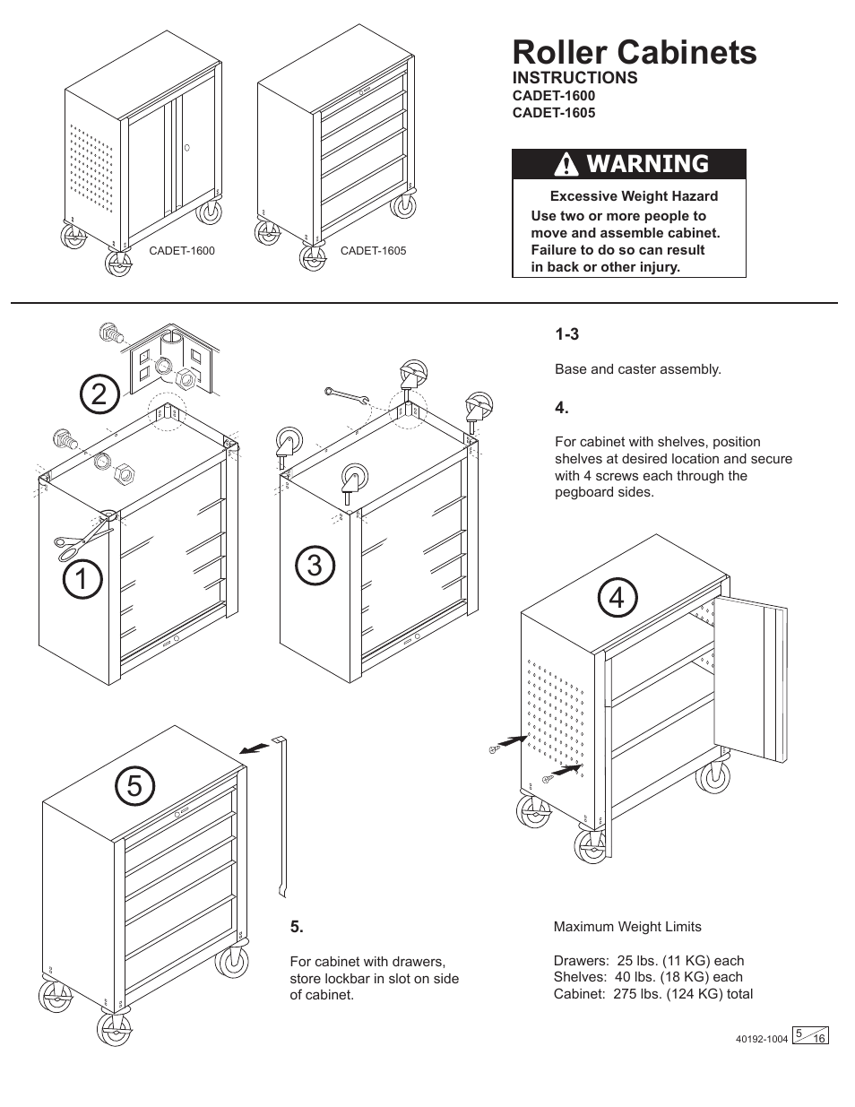 Roller cabinets, Warning | Stack-On Gladiator CADE User Manual | Page 5 / 16