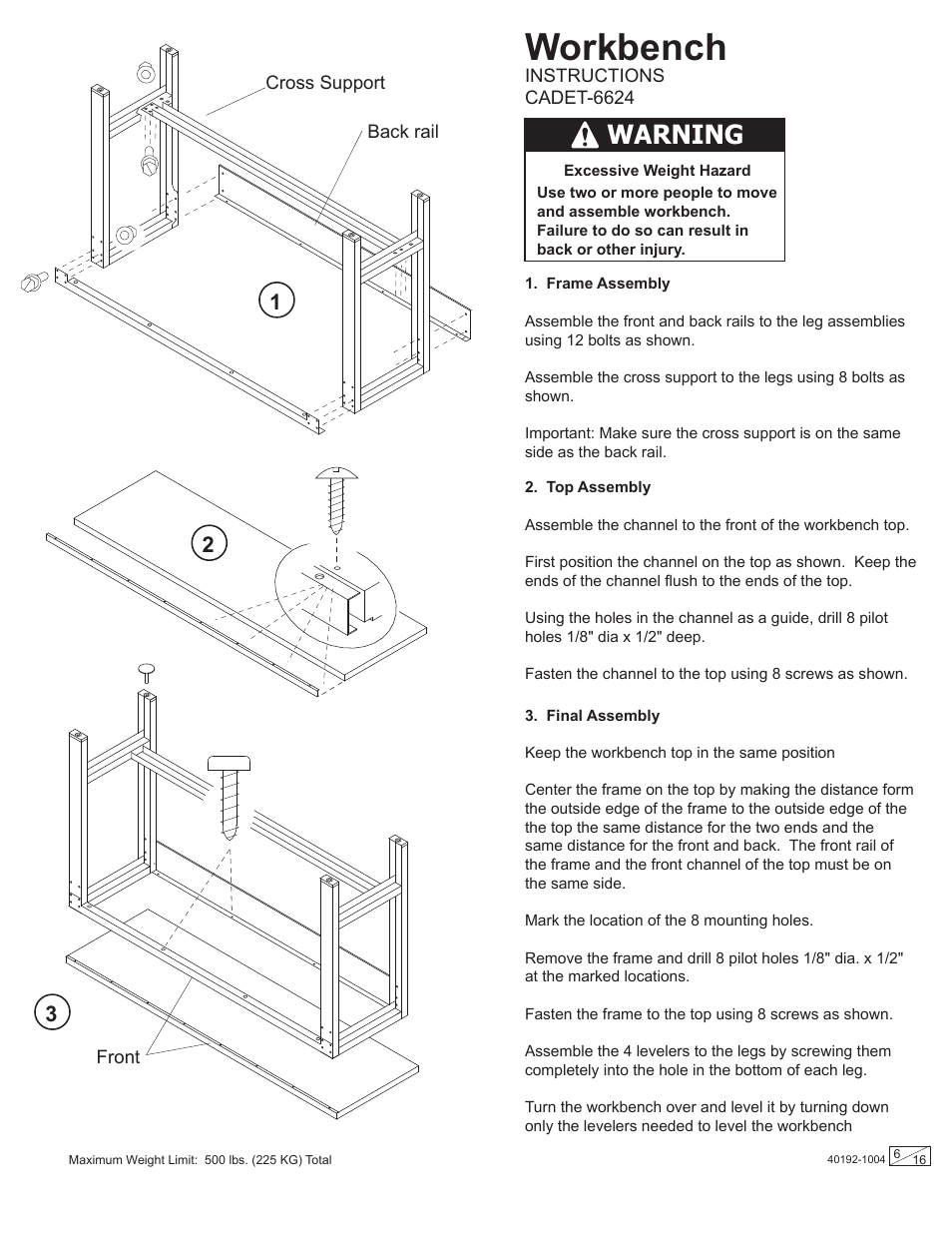 Workbench, Warning | Stack-On Gladiator CADE User Manual | Page 6 / 16
