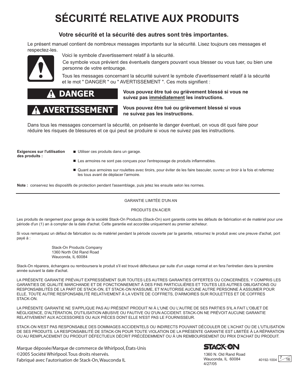Sécurité relative aux produits, Danger avertissement | Stack-On Gladiator CADE User Manual | Page 7 / 16