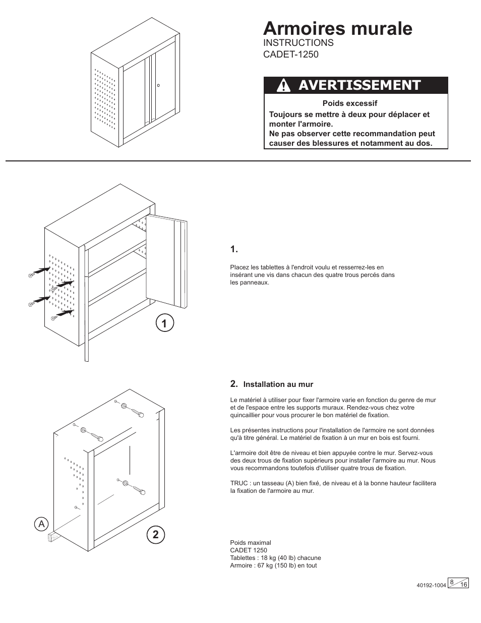 Armoires murale, Avertissement | Stack-On Gladiator CADE User Manual | Page 8 / 16