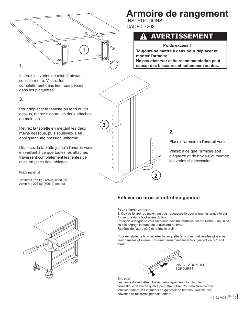 Armoire de rangement, Avertissement | Stack-On Gladiator CADE User Manual | Page 9 / 16