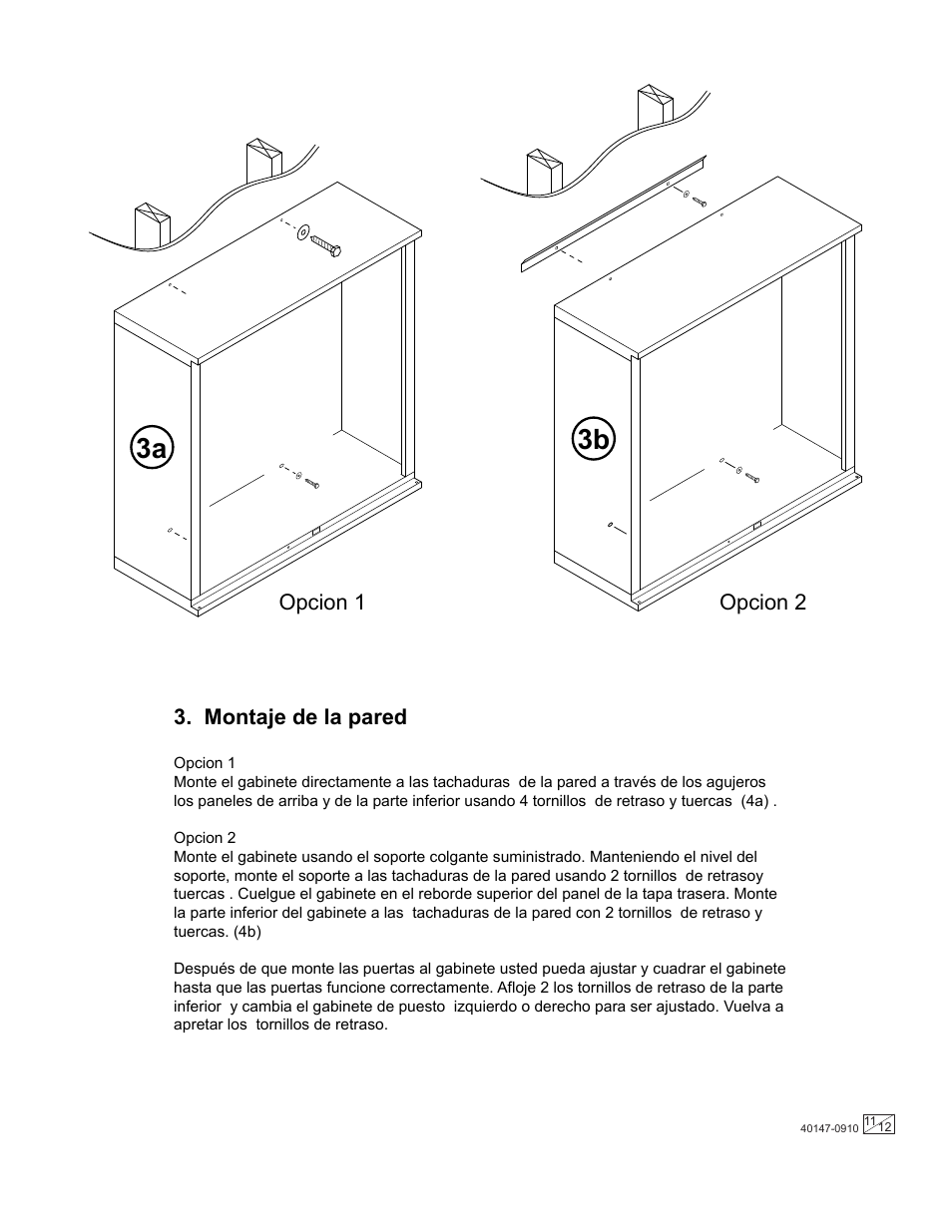 3a 3b, Montaje de la pared, Opcion 1 opcion 2 | Stack-On GORTA-1250 User Manual | Page 11 / 12