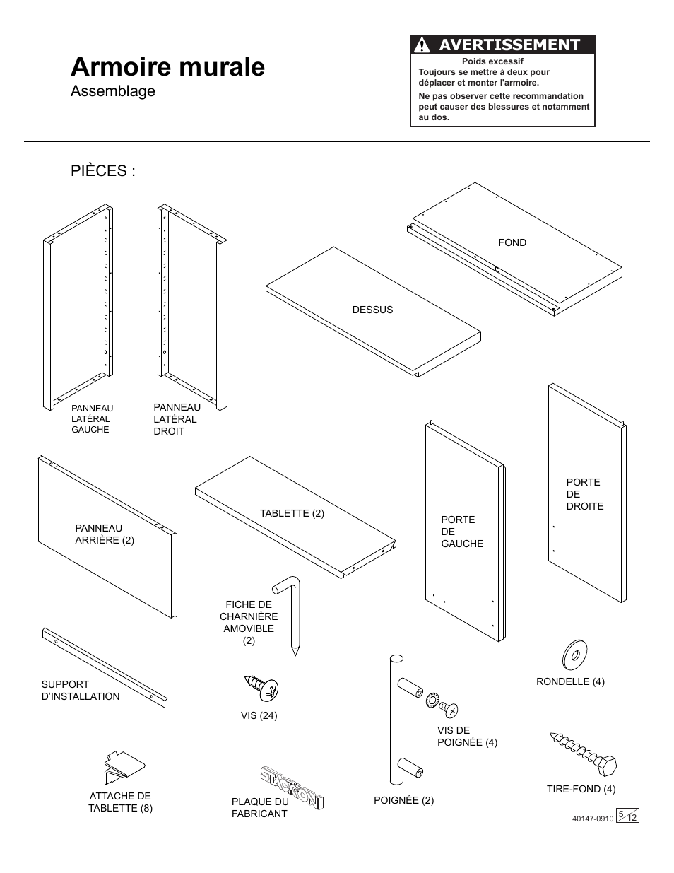 Armoire murale, Assemblage pièces, Avertissement | Stack-On GORTA-1250 User Manual | Page 5 / 12