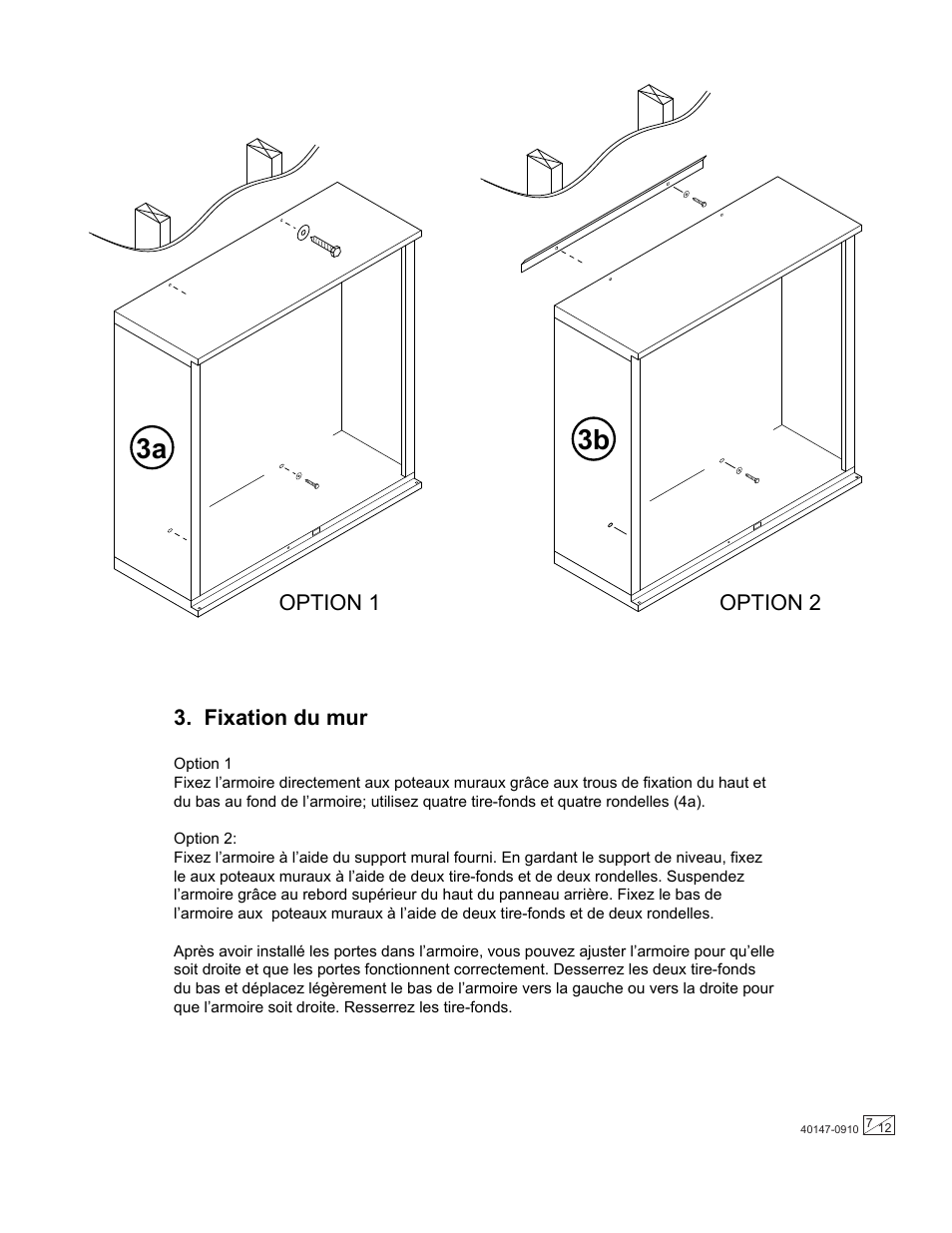3a 3b, Fixation du mur, Option 1 option 2 | Stack-On GORTA-1250 User Manual | Page 7 / 12