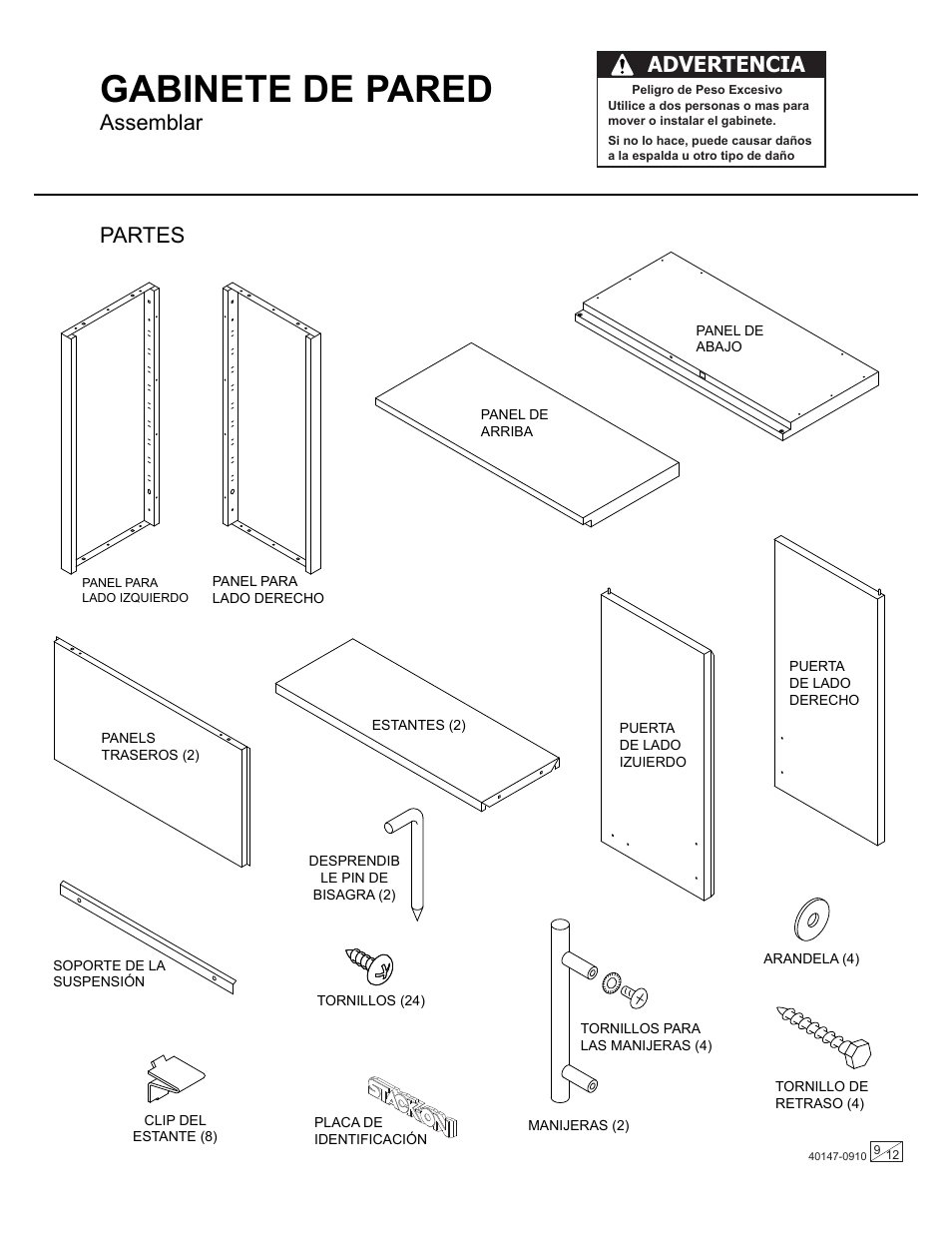Gabinete de pared, Assemblar partes, Advertencia | Stack-On GORTA-1250 User Manual | Page 9 / 12