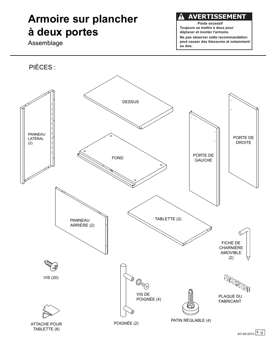 Armoire sur plancher à deux portes, Pièces, Assemblage | Avertissement | Stack-On GORTA-1600 User Manual | Page 4 / 9