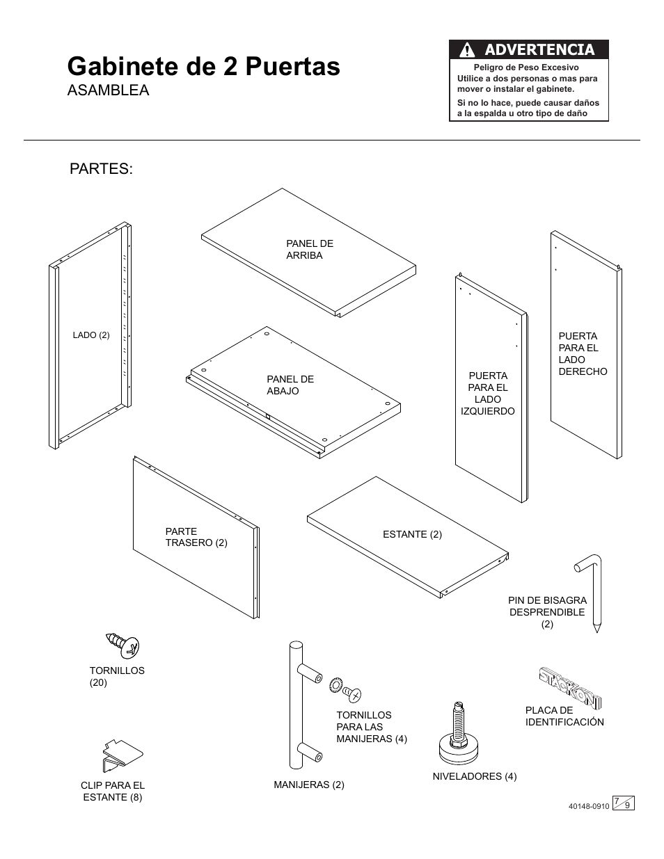 Gabinete de 2 puertas, Partes, Asamblea | Advertencia | Stack-On GORTA-1600 User Manual | Page 7 / 9