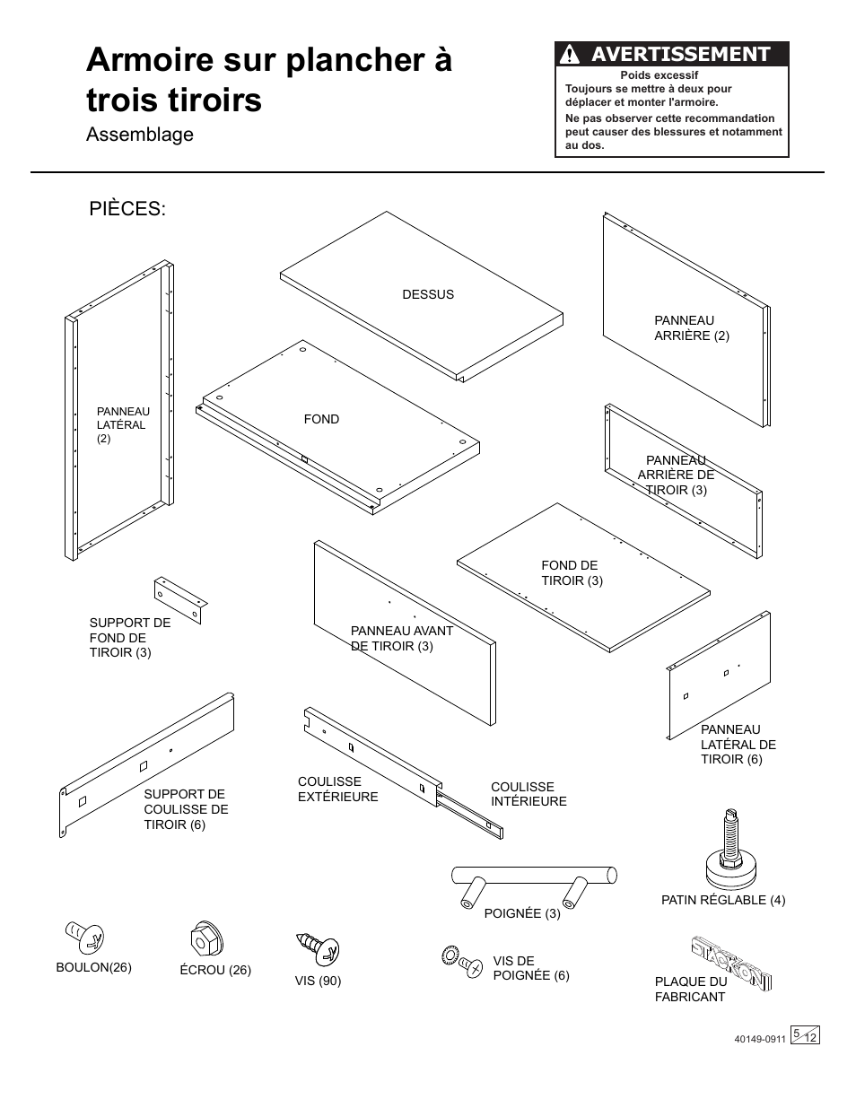 Armoire sur plancher à trois tiroirs, Pièces, Assemblage | Avertissement | Stack-On GORTA-1603 User Manual | Page 5 / 12