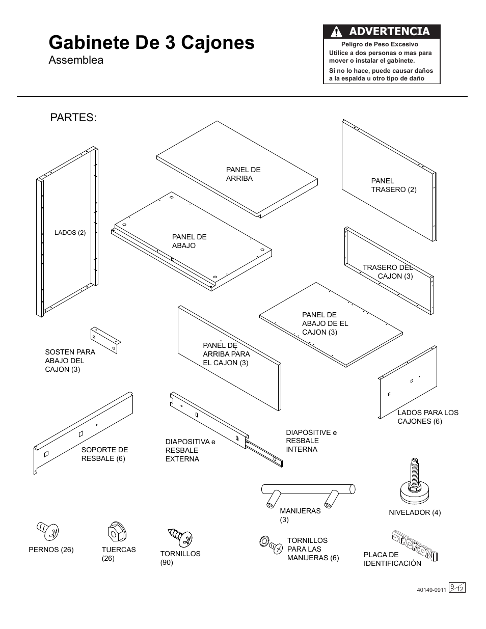 Gabinete de 3 cajones, Partes, Assemblea | Advertencia | Stack-On GORTA-1603 User Manual | Page 9 / 12