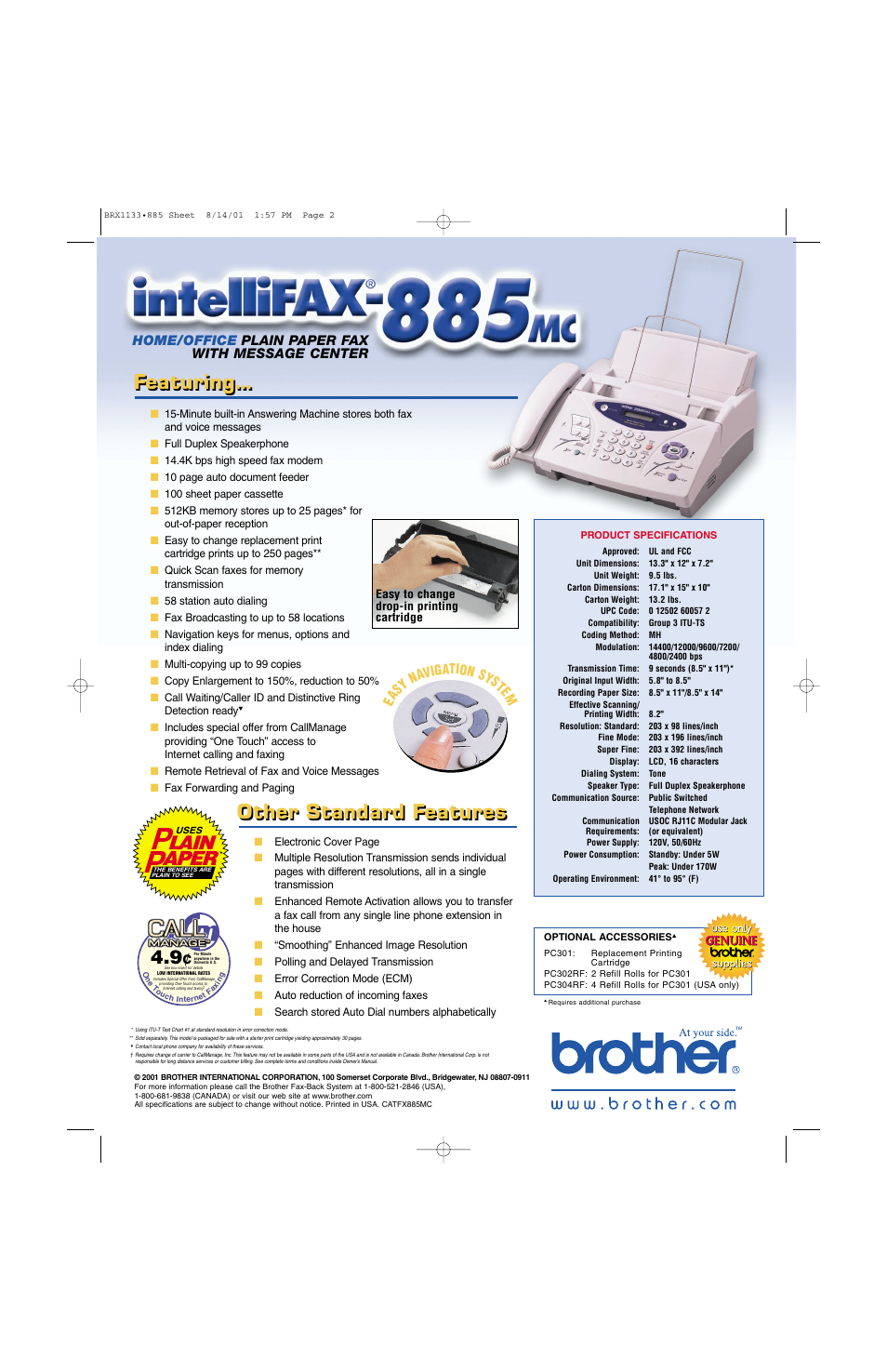 Featuring, Other standard features, Home/office plain paper fax with message center | Ea sy nav igation sys te m | Brother IntelliFAX 885MC User Manual | Page 2 / 2