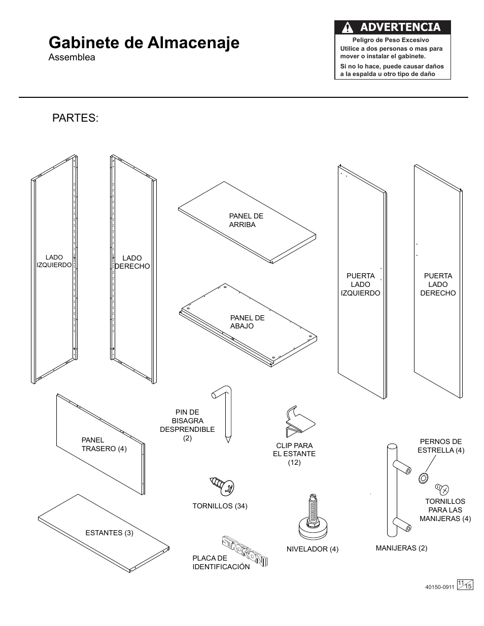 Gabinete de almacenaje, Partes, Advertencia | Assemblea | Stack-On GORTA-7203 User Manual | Page 11 / 15