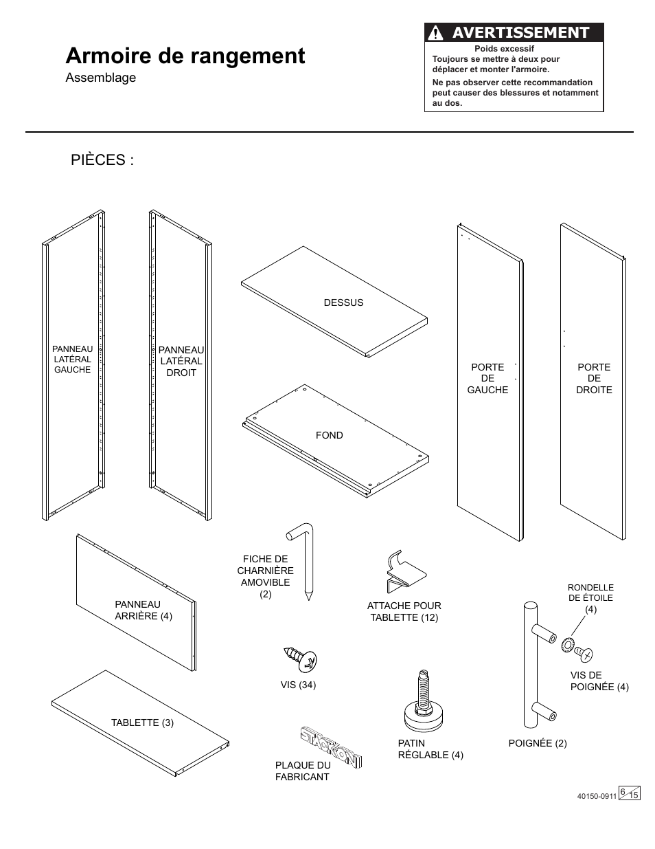 Armoire de rangement, Pièces, Avertissement | Assemblage | Stack-On GORTA-7203 User Manual | Page 6 / 15