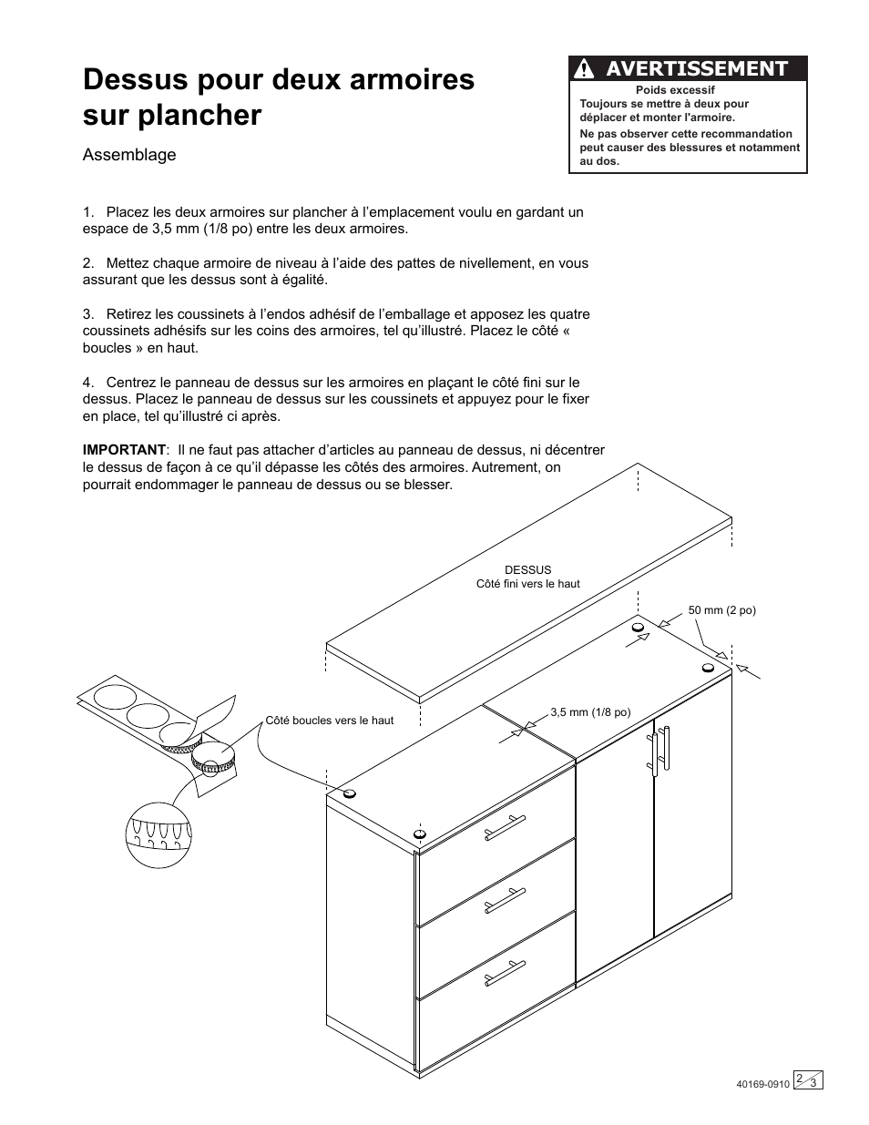 Dessus pour deux armoires sur plancher, Avertissement | Stack-On GORTA-56 User Manual | Page 2 / 3