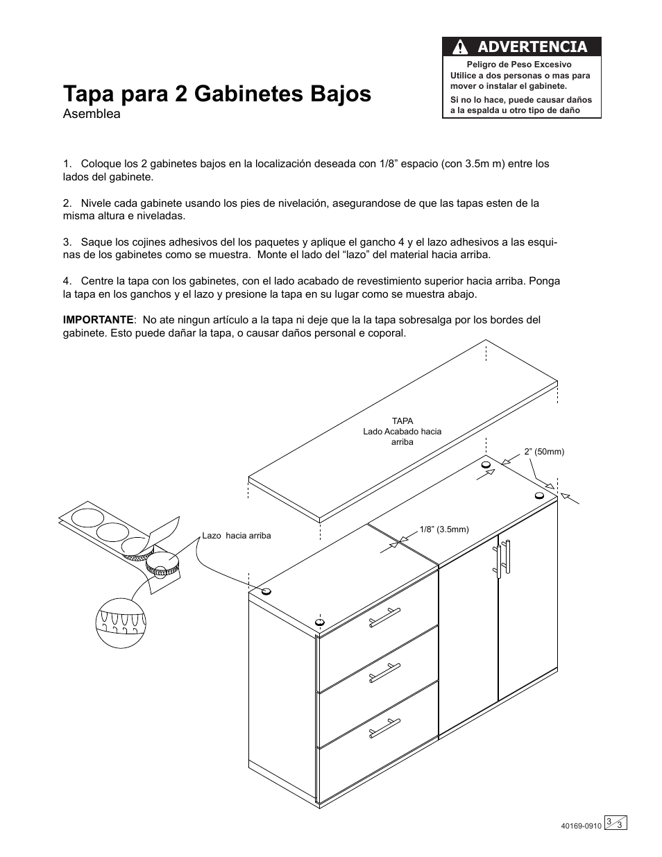 Tapa para 2 gabinetes bajos, Advertencia, Asemblea | Stack-On GORTA-56 User Manual | Page 3 / 3