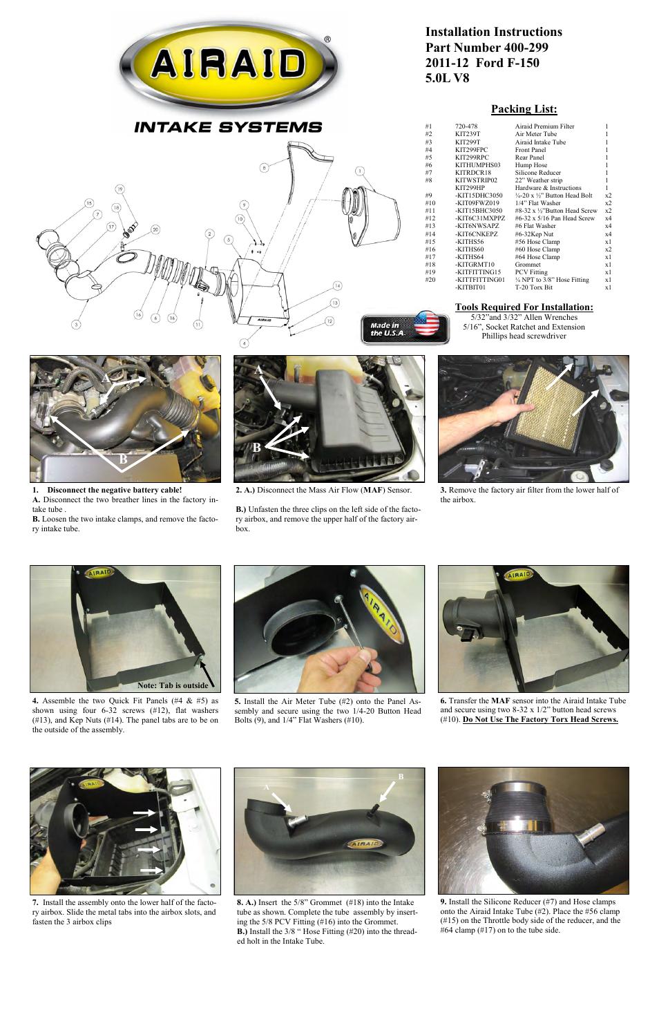 Stainless Works 400-299 Ford F-150 2011-12 5.0L AIRAID Intake System User Manual | 2 pages