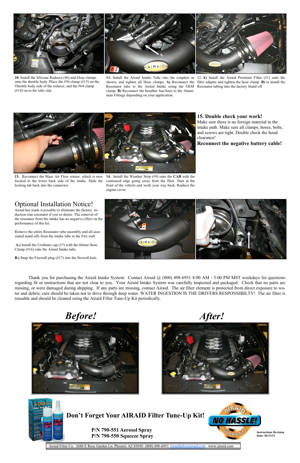 Before! after, Don’t forget your airaid filter tune-up kit, Optional installation notice | Stainless Works 450-264 Ford Mustang 5.0 2011+ AIRAID Intake System User Manual | Page 2 / 2