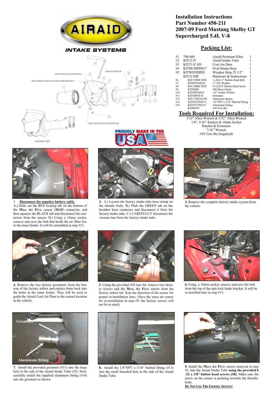 Stainless Works 450-211 Ford Shelby GT500 2007-09 AIRAID Intake System User Manual | 2 pages
