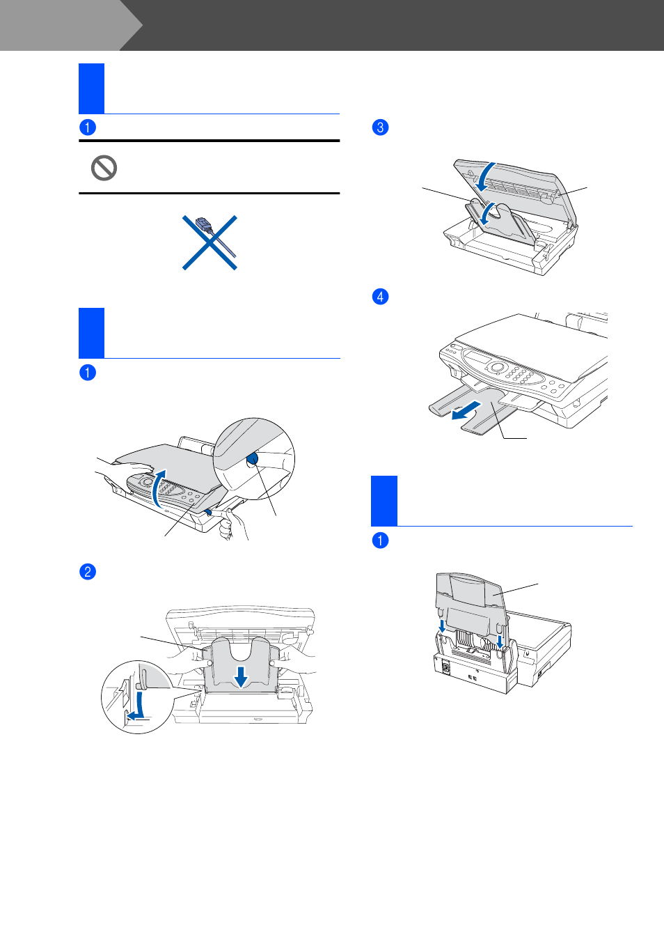 Step1 setting up the dcp, 1 removing the protective parts, 2 attaching the output paper support | 3 attaching the paper tray, Setting up the dcp, Removing the protective parts, Attaching the output paper support, Attaching the paper tray, Step 1, 3attaching the paper tray | Brother DCP4020C User Manual | Page 4 / 25